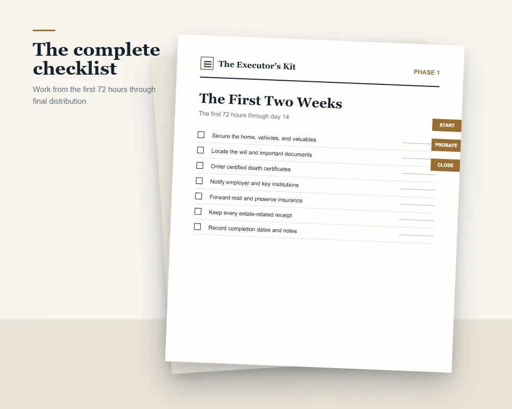 Open checklist showing first-two-weeks executor tasks