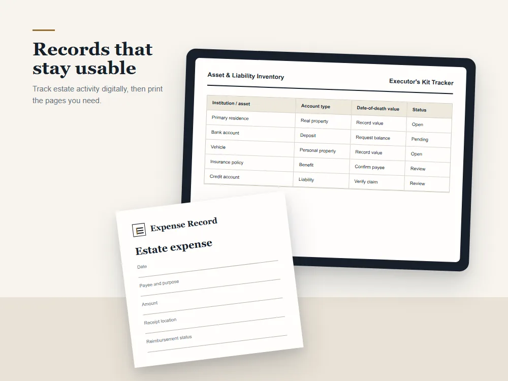 Executor inventory tracker beside a printable estate expense worksheet